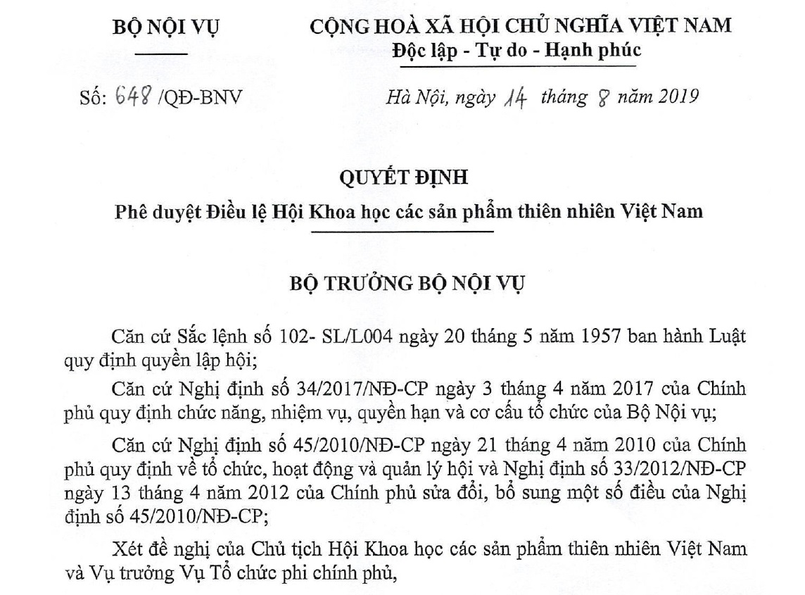 Điều lệ Hội khoa học các sản phẩm thiên nhiên Việt Nam